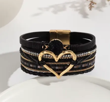 NEW Metal Love Heart Charm Leather Bracelets for Women Bohemian Rhinestone Resin Wrap Bracelet Couple Jewelry New Fashion, Black & Gold