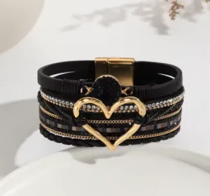 NEW Metal Love Heart Charm Leather Bracelets for Women Bohemian Rhinestone Resin Wrap Bracelet Couple Jewelry New Fashion, Black & Gold