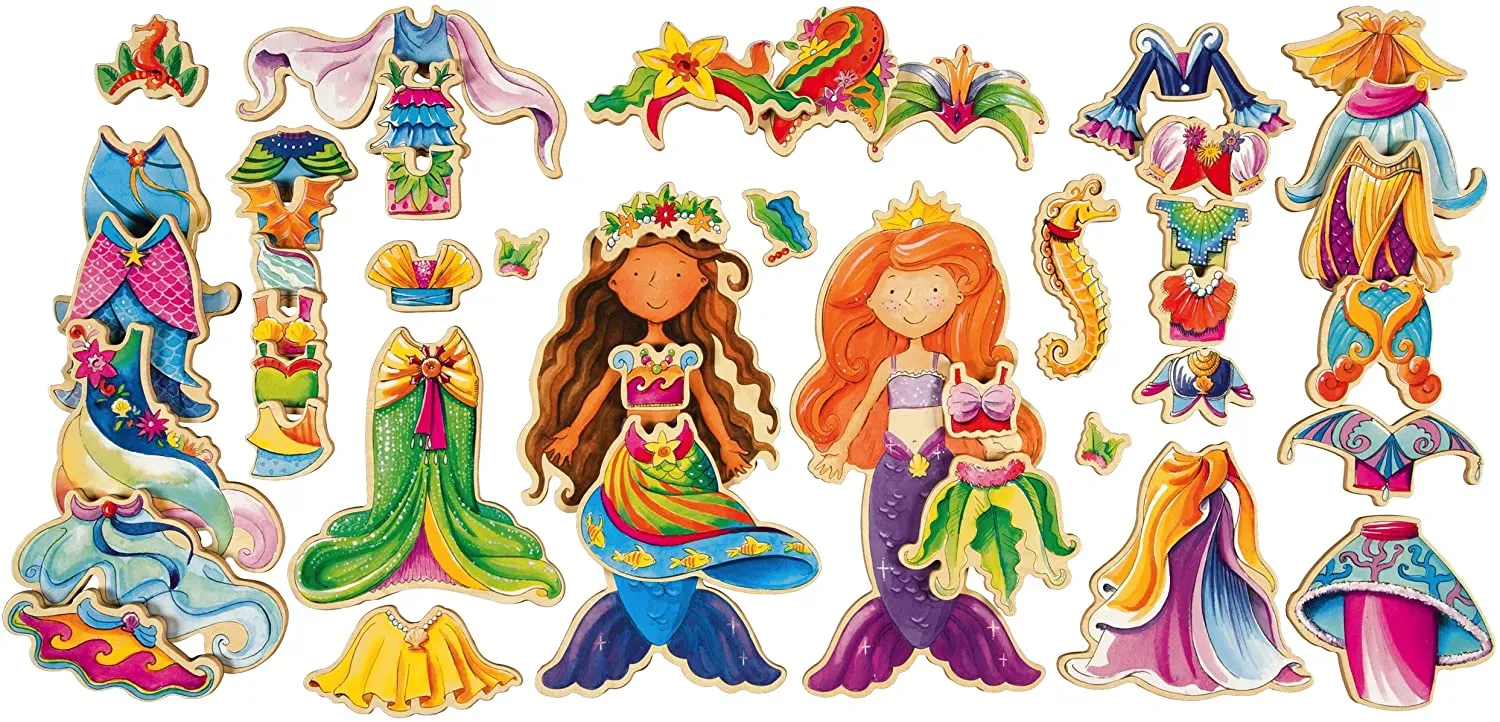 New T.S. Shure Daisy Girls Mermaids Wooden Magnetic Dress-Up Dolls in Clear Plastic Carry Purse Bag!