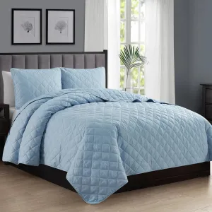 New Wayfair Ultra Soft Microfiber Reversible Diamond Quilt Set in Sky Blue, Twin!