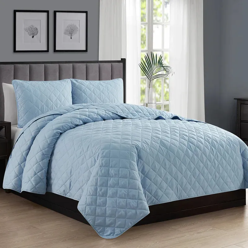 New Wayfair Ultra Soft Microfiber Reversible Diamond Quilt Set in Sky Blue, Twin!