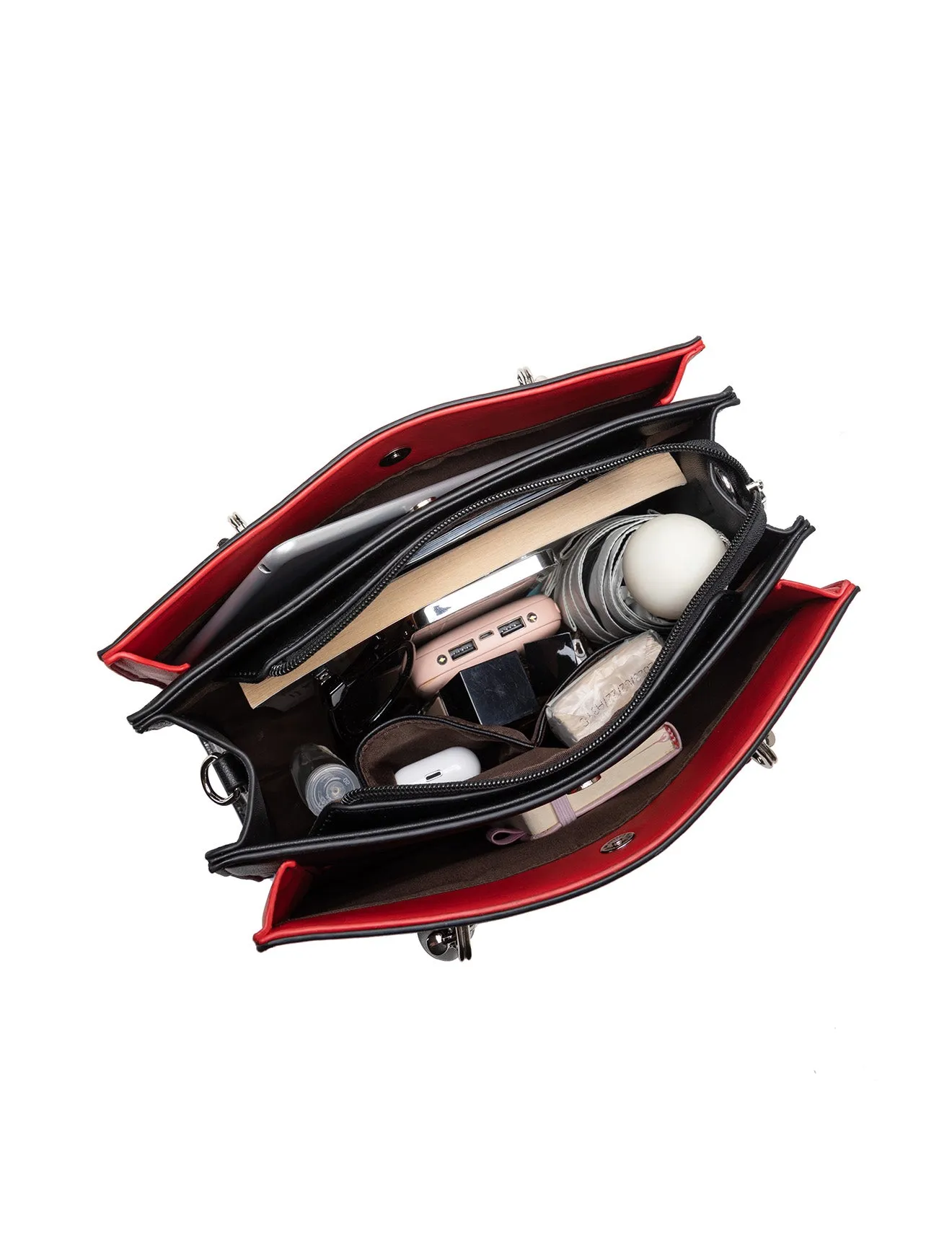 NIGELLA VEGAN TRIPLE COMPARTMENT BAG- BLACK/SILVER/LEOPARD/RED- XB-2306-BLK/SIL -SALE