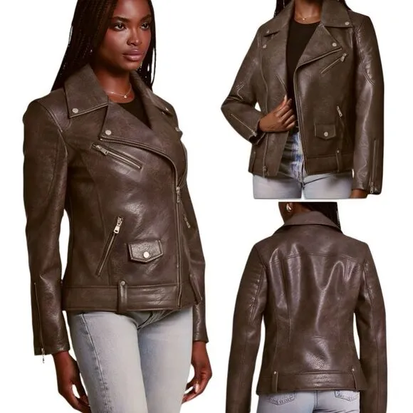 NWT Avec Les Filles Faux Leather Quilted Moto Biker Jacket