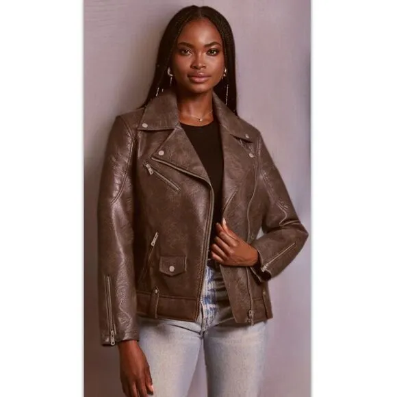 NWT Avec Les Filles Faux Leather Quilted Moto Biker Jacket