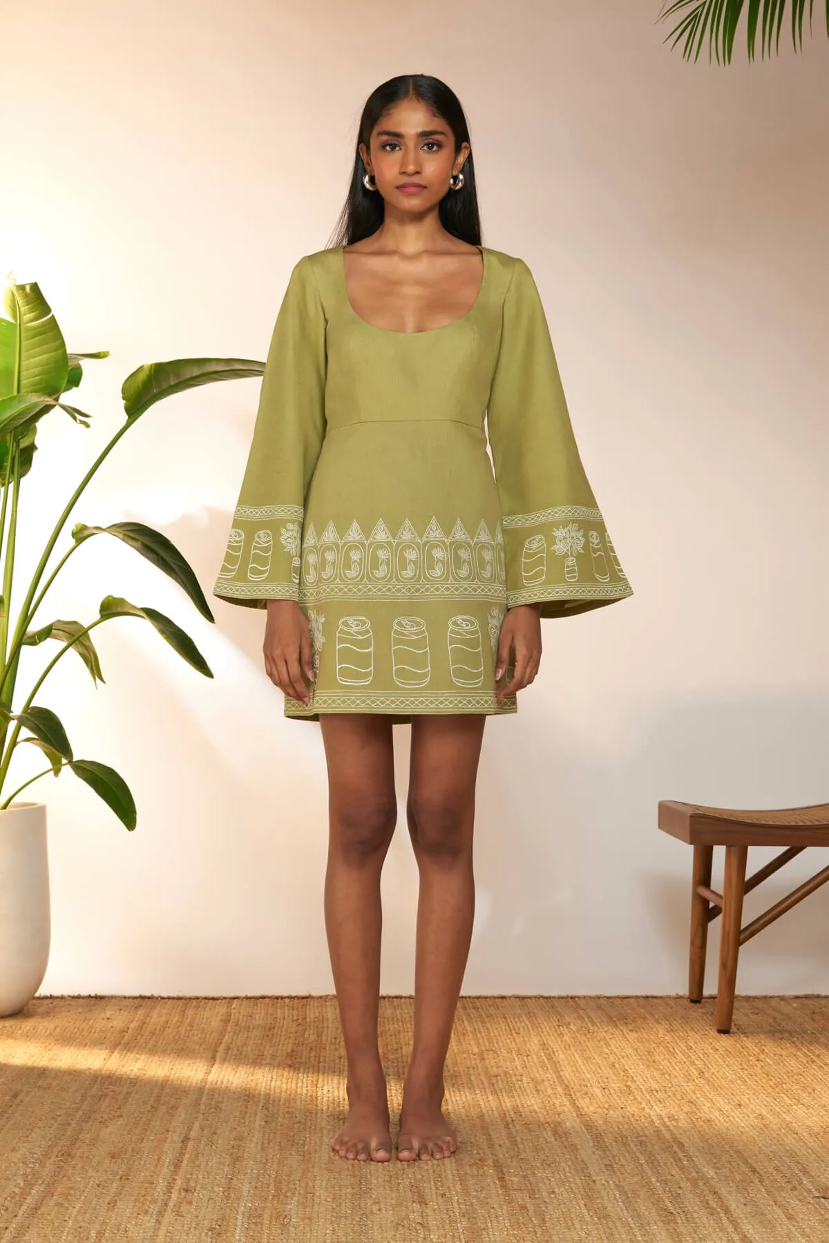 Olive green embroidered mini dress