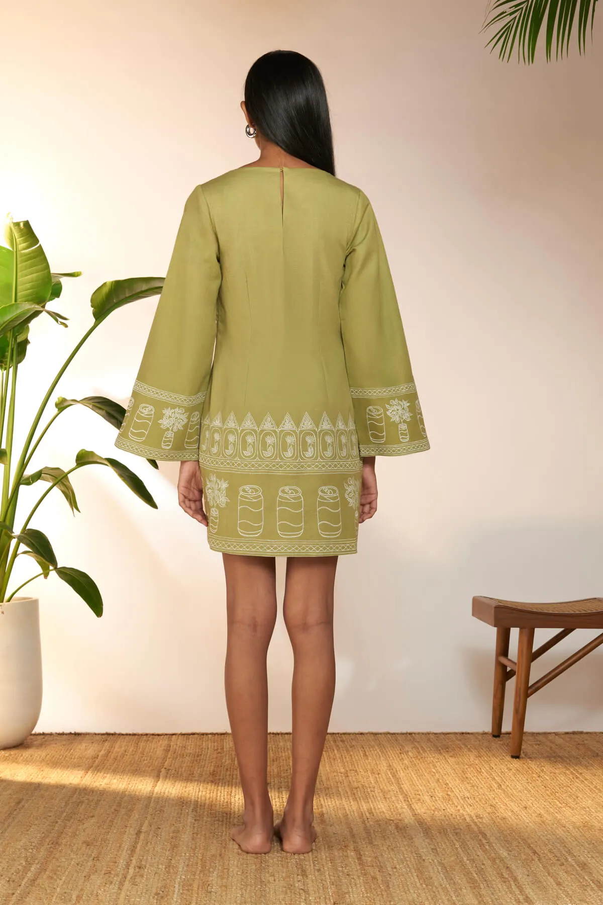 Olive green embroidered mini dress