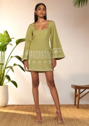 Olive green embroidered mini dress
