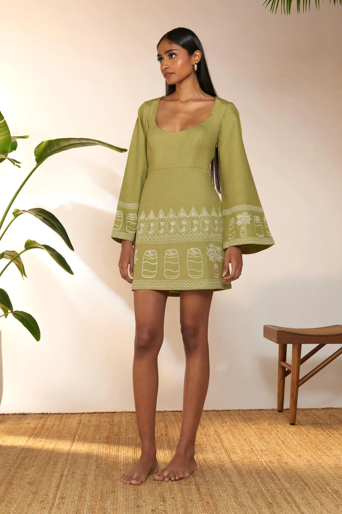 Olive green embroidered mini dress