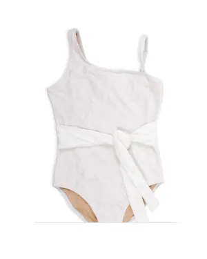 One shoulder One Piece - belted white textured pineapple suit