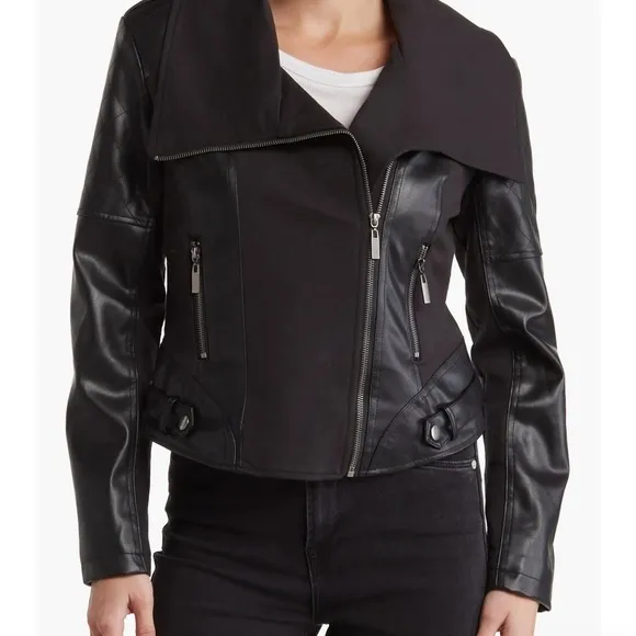 OOKIE &amp; LALA Black Super Soft WASHABLE Faux Leather Mix Quilt Drape Jacket NWT