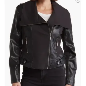 OOKIE &amp; LALA Black Super Soft WASHABLE Faux Leather Mix Quilt Drape Jacket NWT