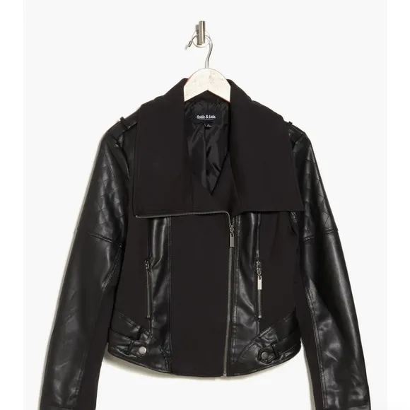 OOKIE &amp; LALA Black Super Soft WASHABLE Faux Leather Mix Quilt Drape Jacket NWT