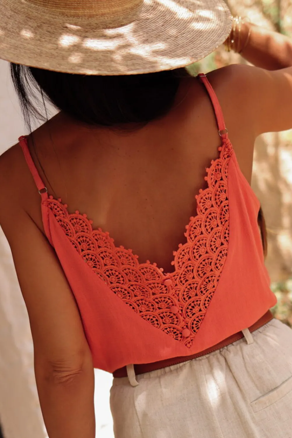 Orange Delicate Lace Patchwork Open Back Cami Tank Top
