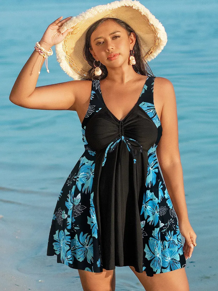 Oversize Bikini for Women Print Patchwork Dress Split Swimsuit V-neck Suspender Backless Beach Vacation Swimwear Summer