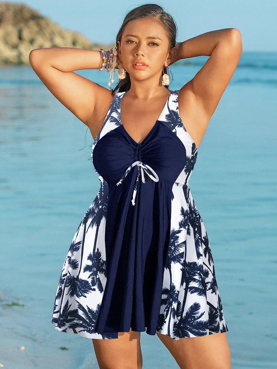 Oversize Bikini for Women Print Patchwork Dress Split Swimsuit V-neck Suspender Backless Beach Vacation Swimwear Summer