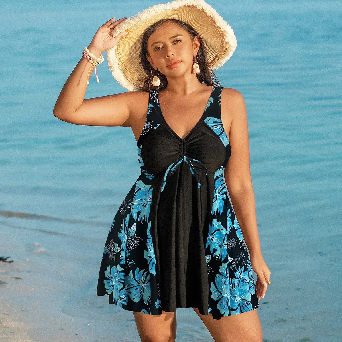 Oversize Bikini for Women Print Patchwork Dress Split Swimsuit V-neck Suspender Backless Beach Vacation Swimwear Summer