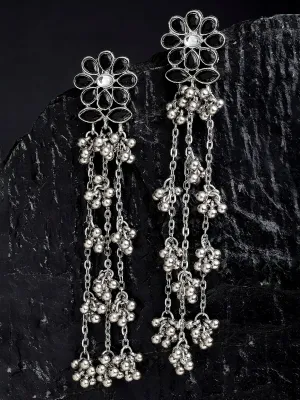 Oxidised Silver Black Kundan Floral Tassel Earrings