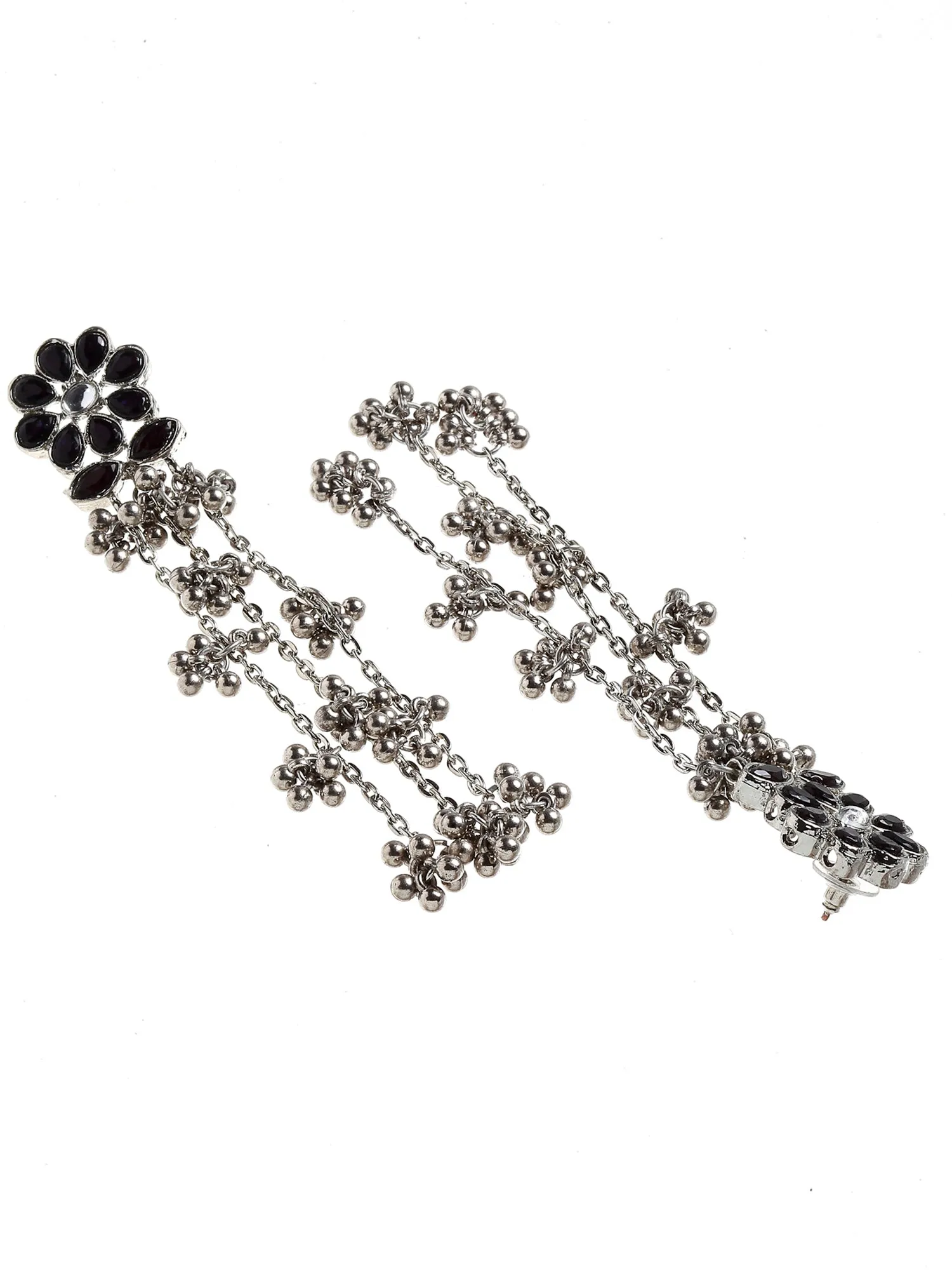 Oxidised Silver Black Kundan Floral Tassel Earrings