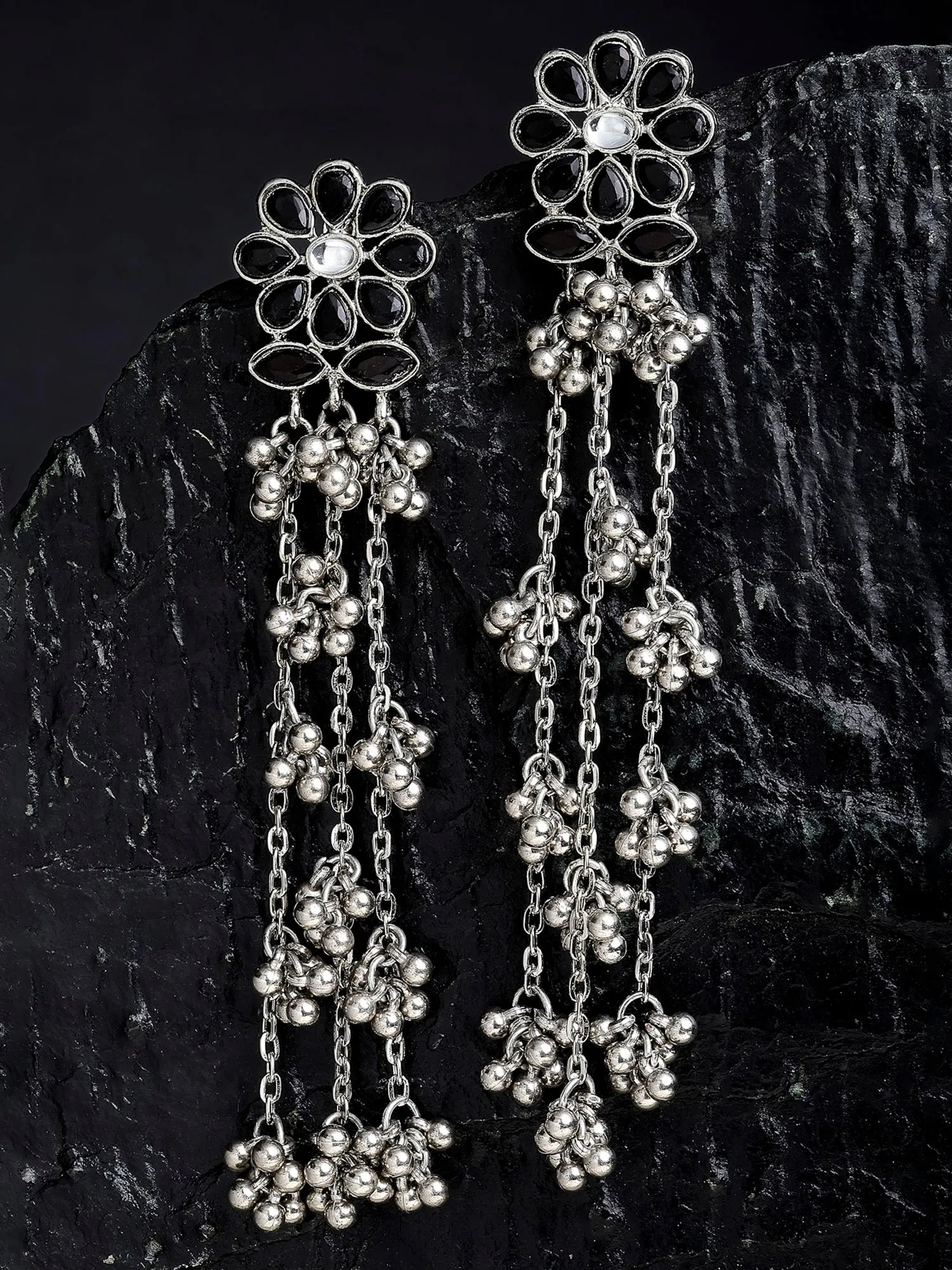 Oxidised Silver Black Kundan Floral Tassel Earrings