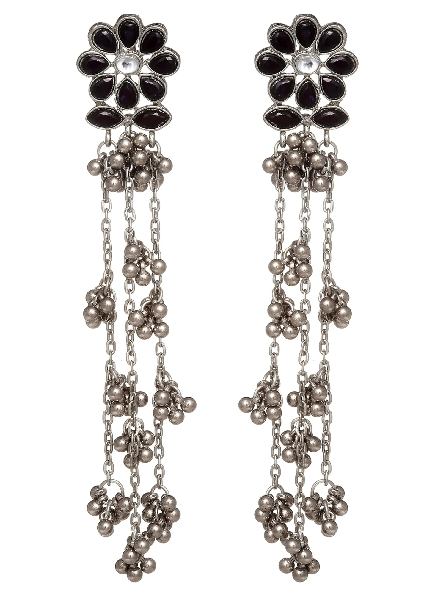 Oxidised Silver Black Kundan Floral Tassel Earrings