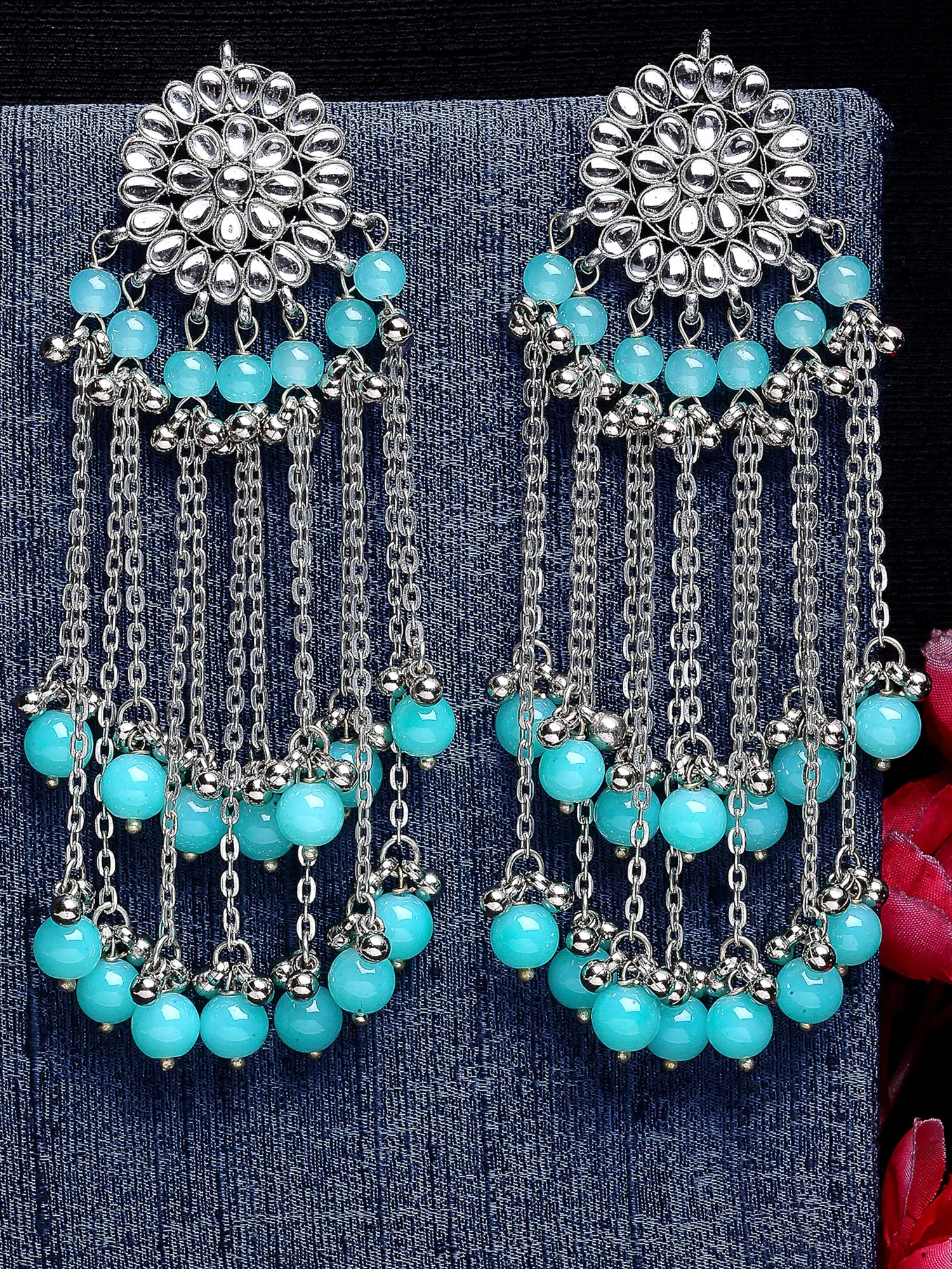 Oxidised Silver Light Blue Beads and Kundan Tassel Earrings