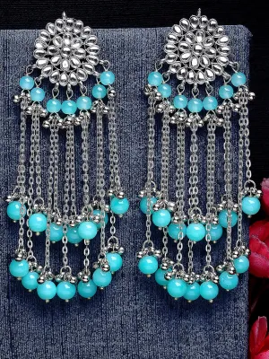Oxidised Silver Light Blue Beads and Kundan Tassel Earrings