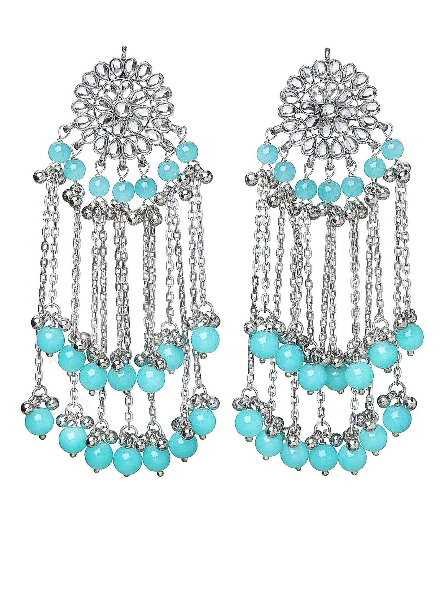 Oxidised Silver Light Blue Beads and Kundan Tassel Earrings