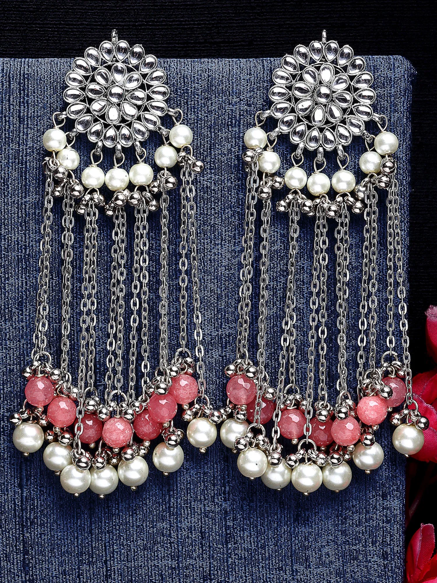 Oxidised Silver Peach Beads and Kundan Tassel Earrings