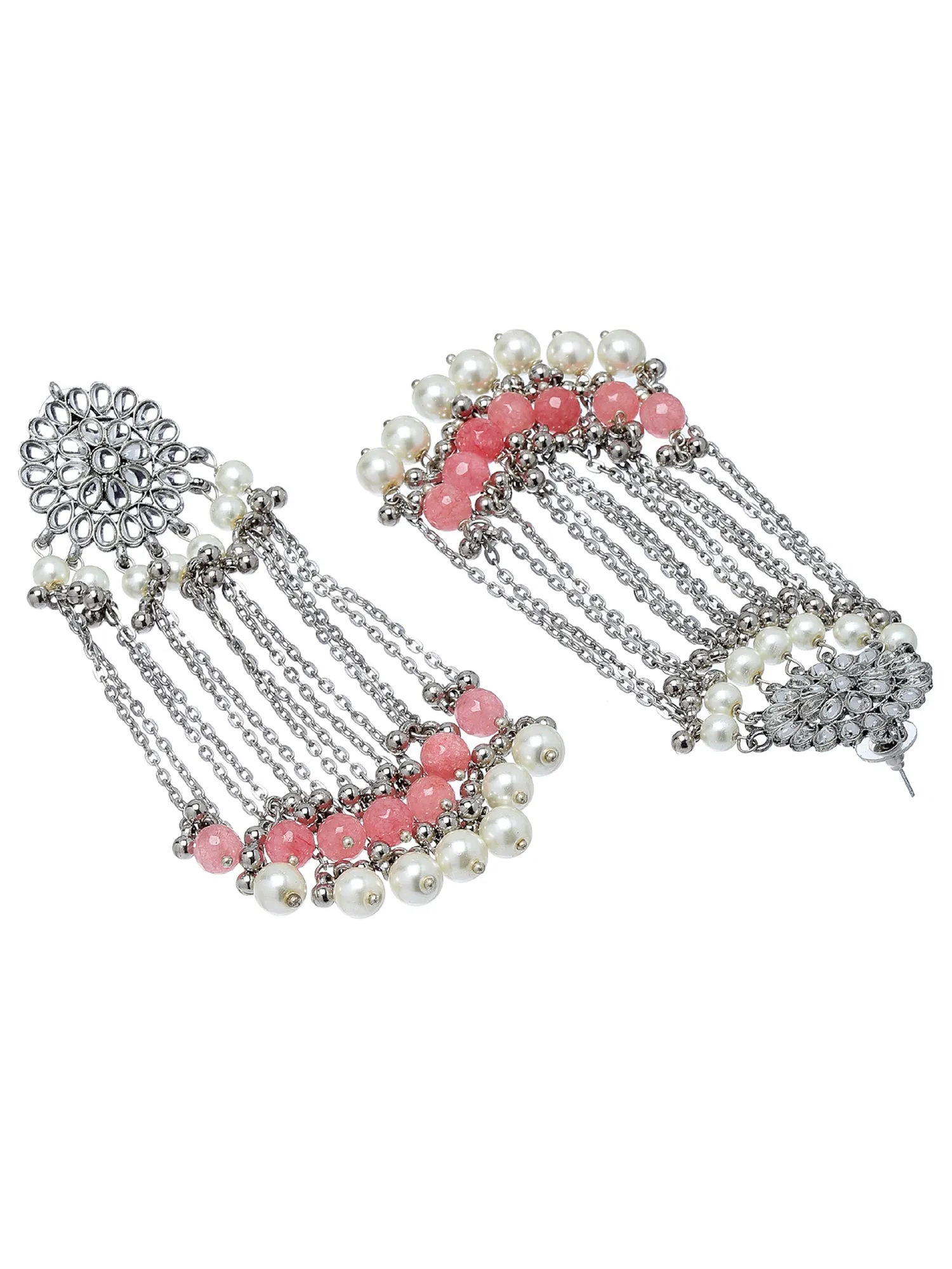 Oxidised Silver Peach Beads and Kundan Tassel Earrings