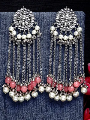 Oxidised Silver Peach Beads and Kundan Tassel Earrings