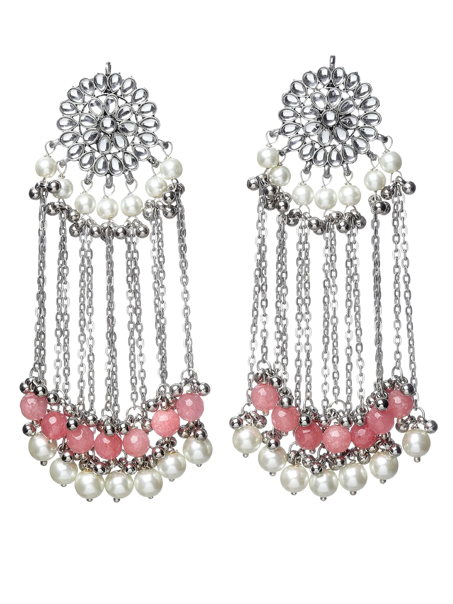 Oxidised Silver Peach Beads and Kundan Tassel Earrings