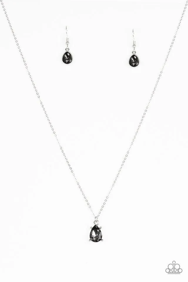 Paparazzi " Classy Classicist " Silver Metal Smoky Grey Rhinestone Solitaire Necklace Set