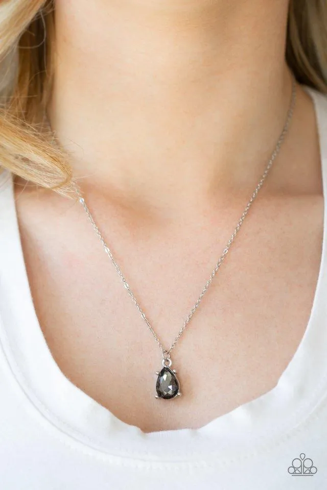 Paparazzi " Classy Classicist " Silver Metal Smoky Grey Rhinestone Solitaire Necklace Set
