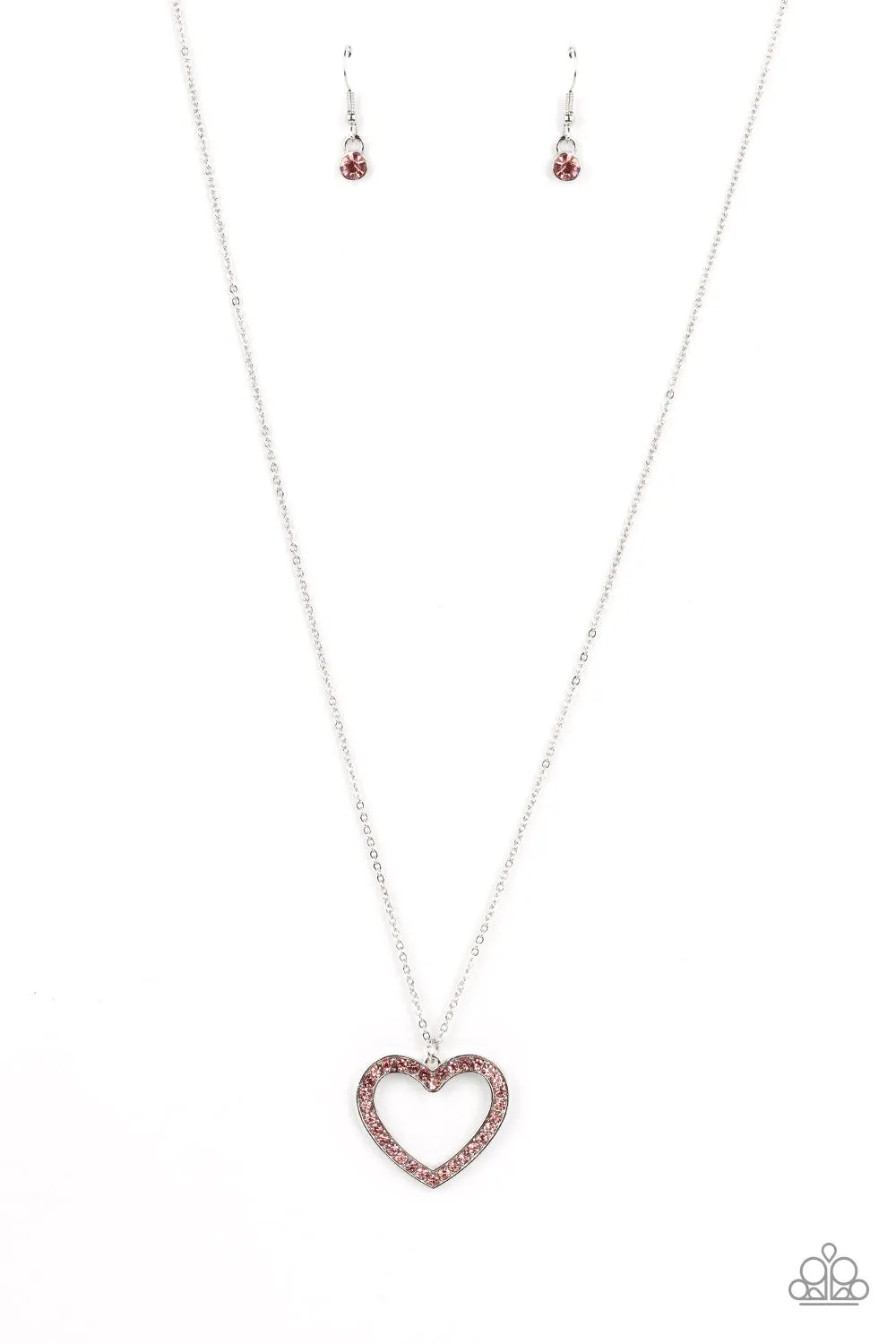 Paparazzi " Dainty Darling " Silver Metal & Pink Rhinestone Open Heart Necklace Set