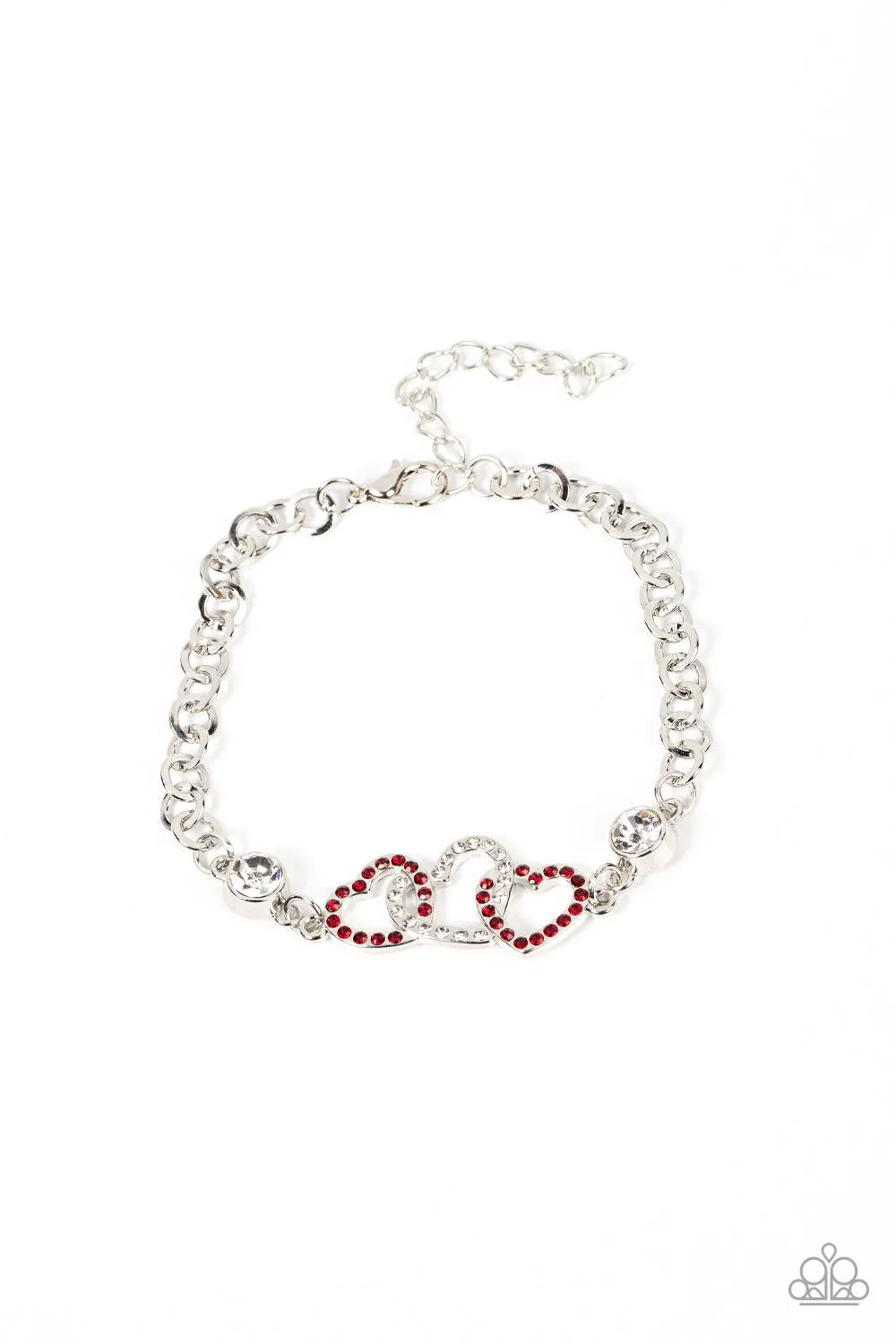 Paparazzi " Desirable Dazzle " Silver Metal Red Rhinestone Triple Heart Clasp Bracelet