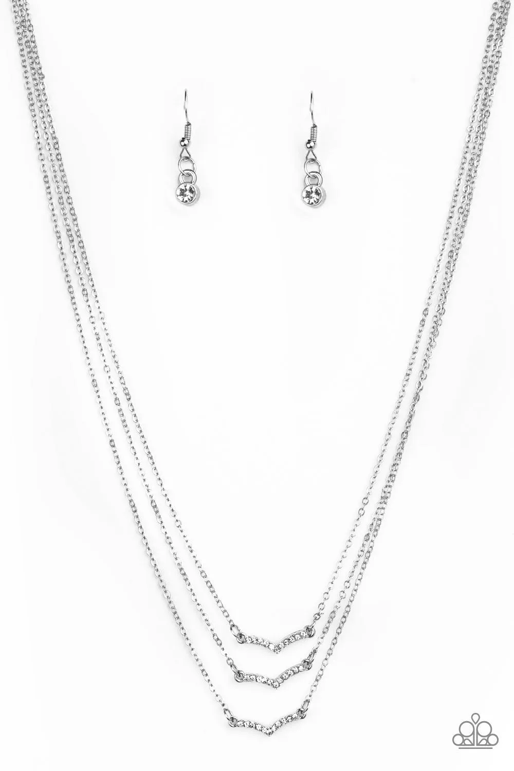 Paparazzi " Pretty Petite " Silver Metal Multi Layered Rhinestone Chevon Necklace Set