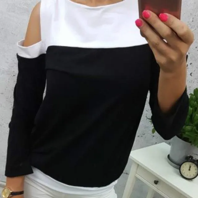 Patchwork Off-Shoulder Shirt