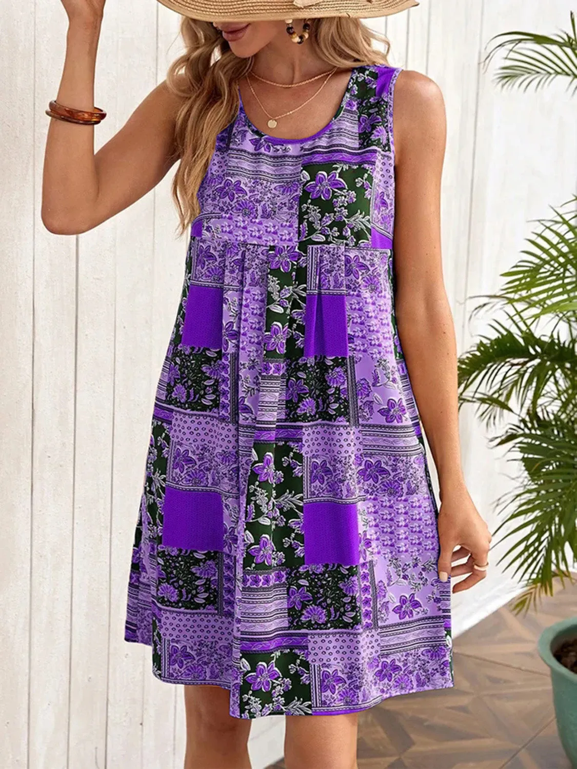 Patchwork Printed Sleeveless Mini Dress (4 Colors)
