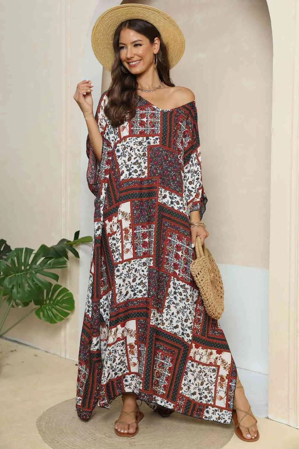 Patchwork Printed V-Neck Split Maxi Dress (2 Colors)