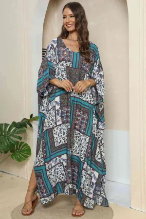 Patchwork Printed V-Neck Split Maxi Dress (2 Colors)