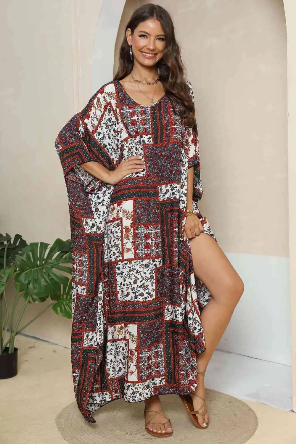 Patchwork Printed V-Neck Split Maxi Dress (2 Colors)