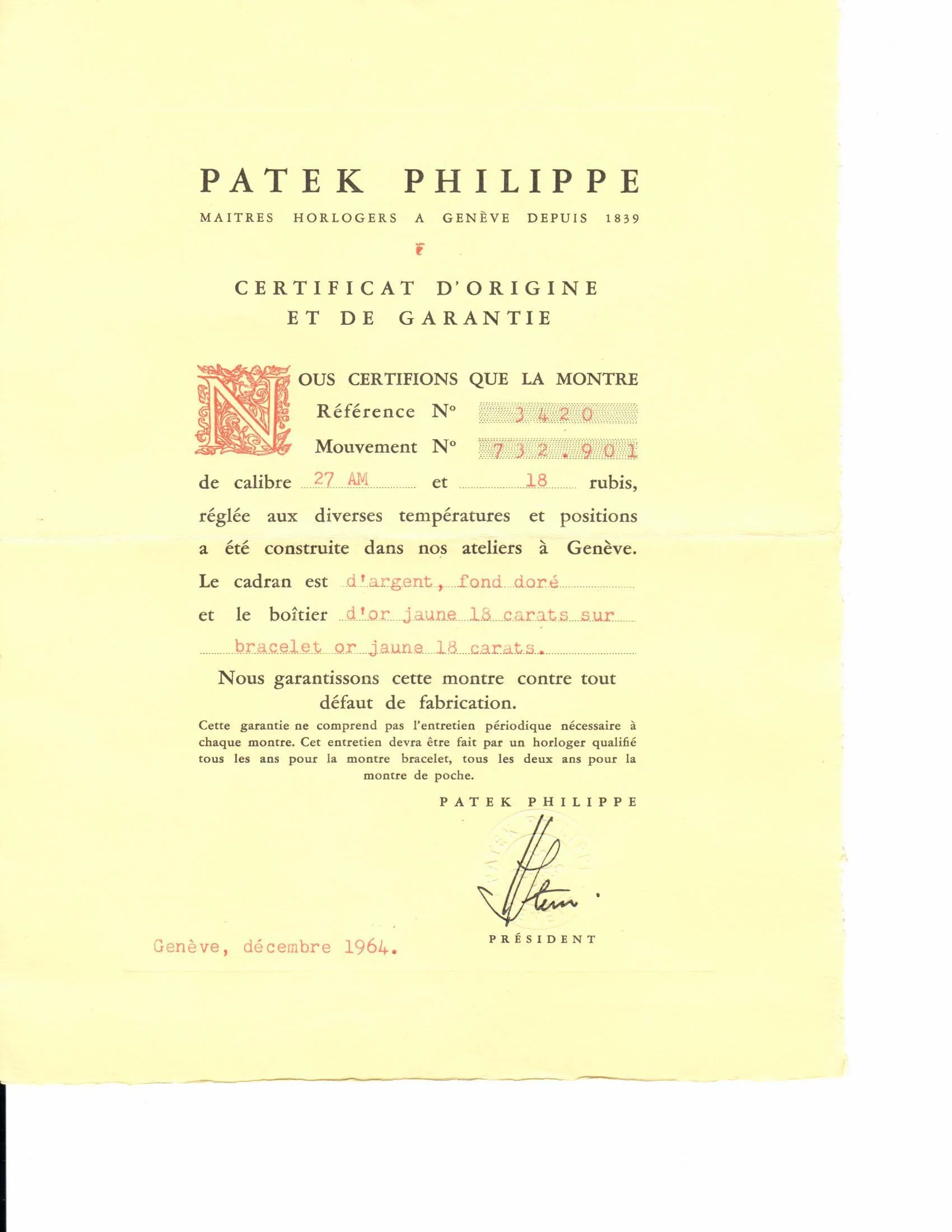 Patek Philippe 3420J Vintage Classic Calatrava Watch 34mm with 12-400 AM  Circa 1964 FULL SET