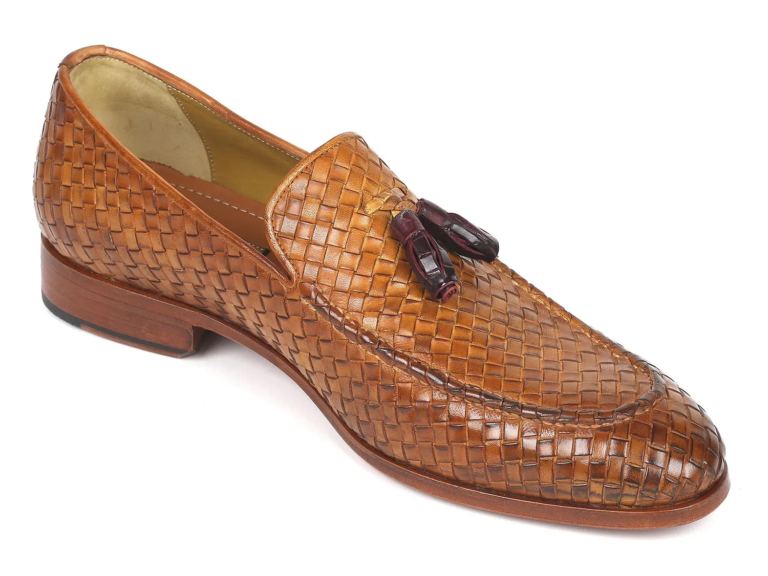 Paul Parkman Woven Leather Tassel Loafers in Camel