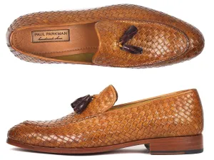 Paul Parkman Woven Leather Tassel Loafers in Camel