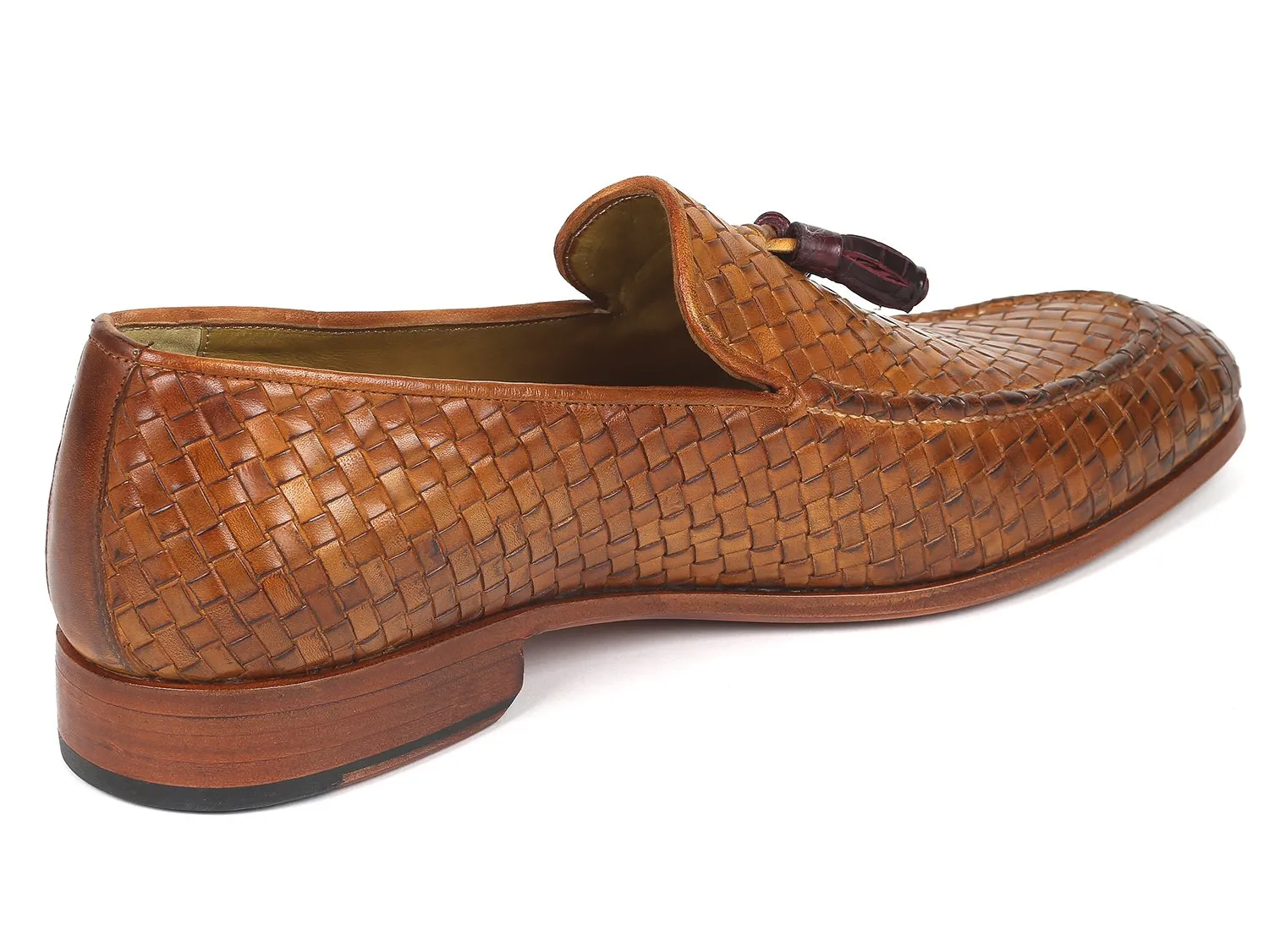 Paul Parkman Woven Leather Tassel Loafers in Camel