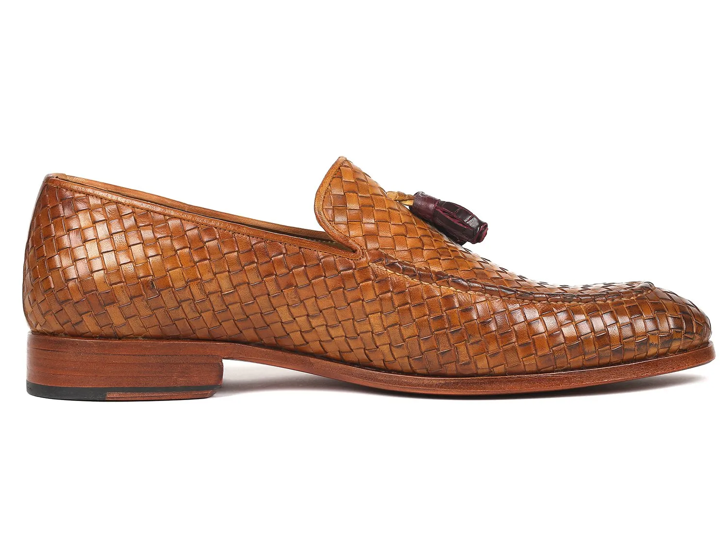 Paul Parkman Woven Leather Tassel Loafers in Camel