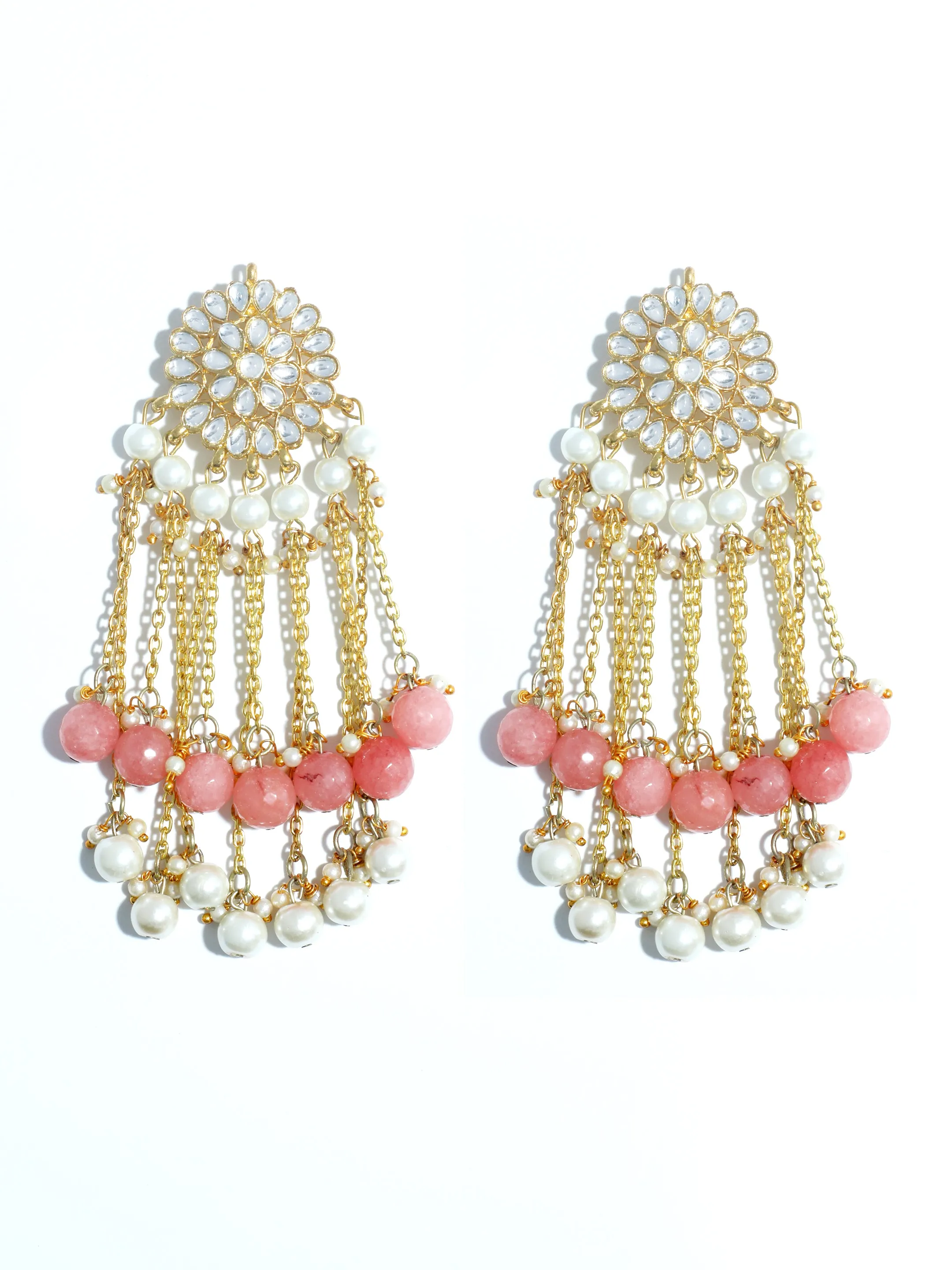 Peach and Pearl Tassel Kundan Earrings