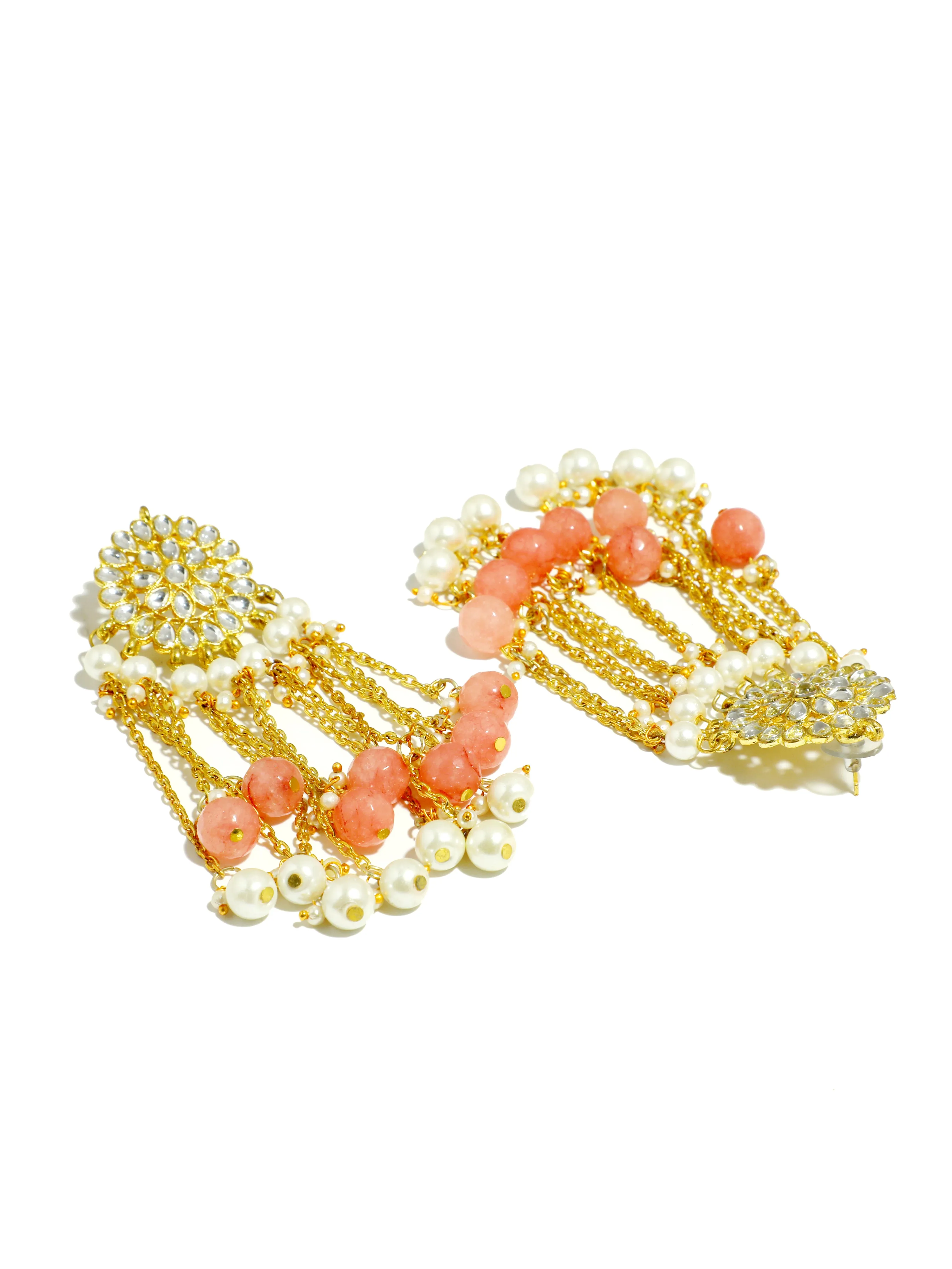 Peach and Pearl Tassel Kundan Earrings