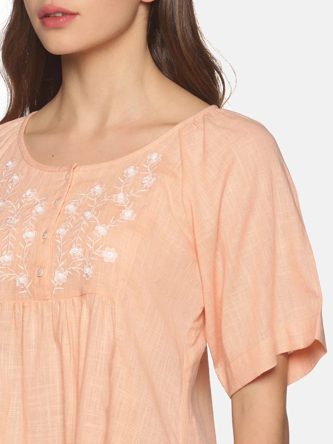 Peach Bohemian Cotton Slub Raglan Sleeves Top