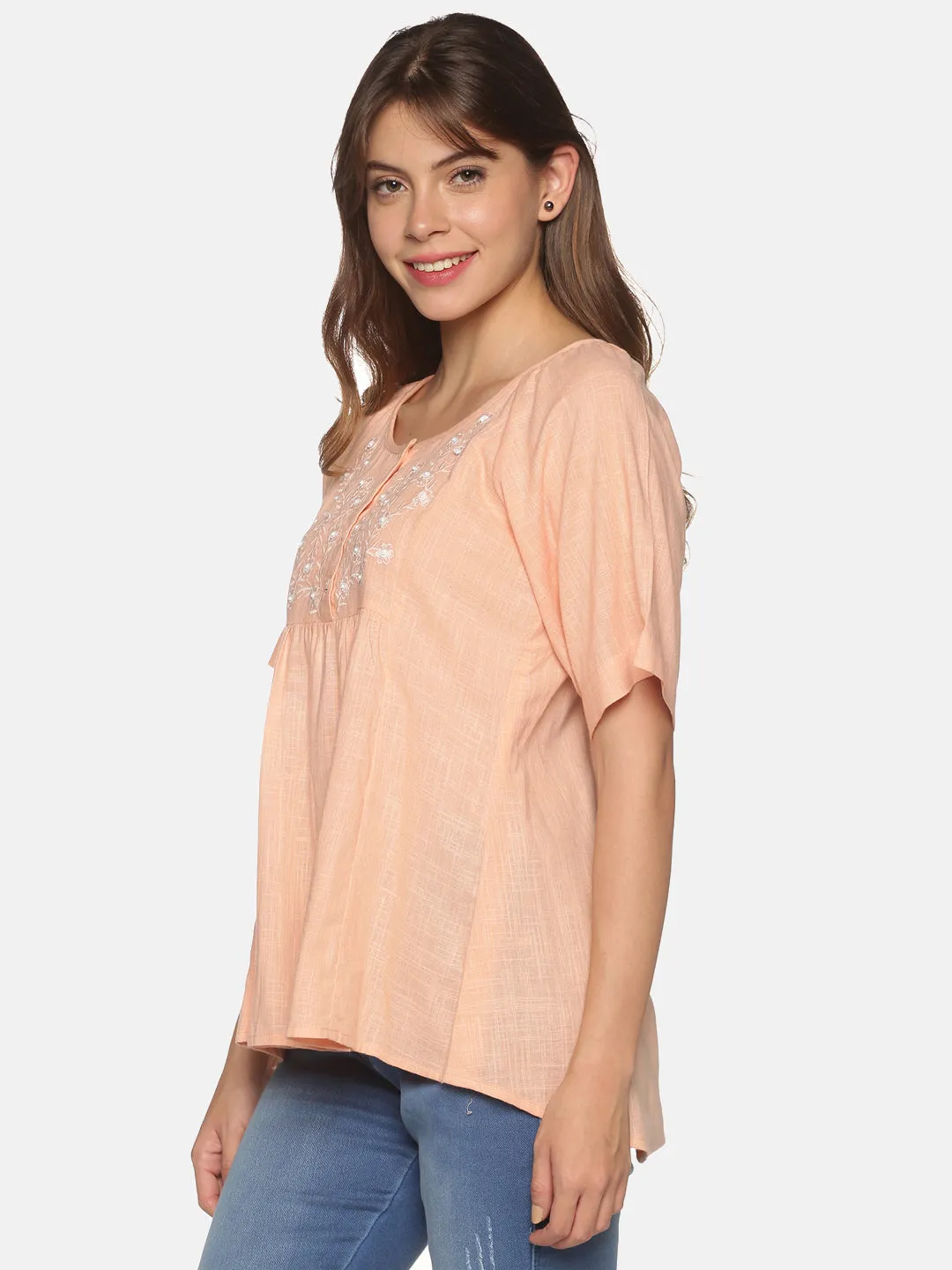 Peach Bohemian Cotton Slub Raglan Sleeves Top